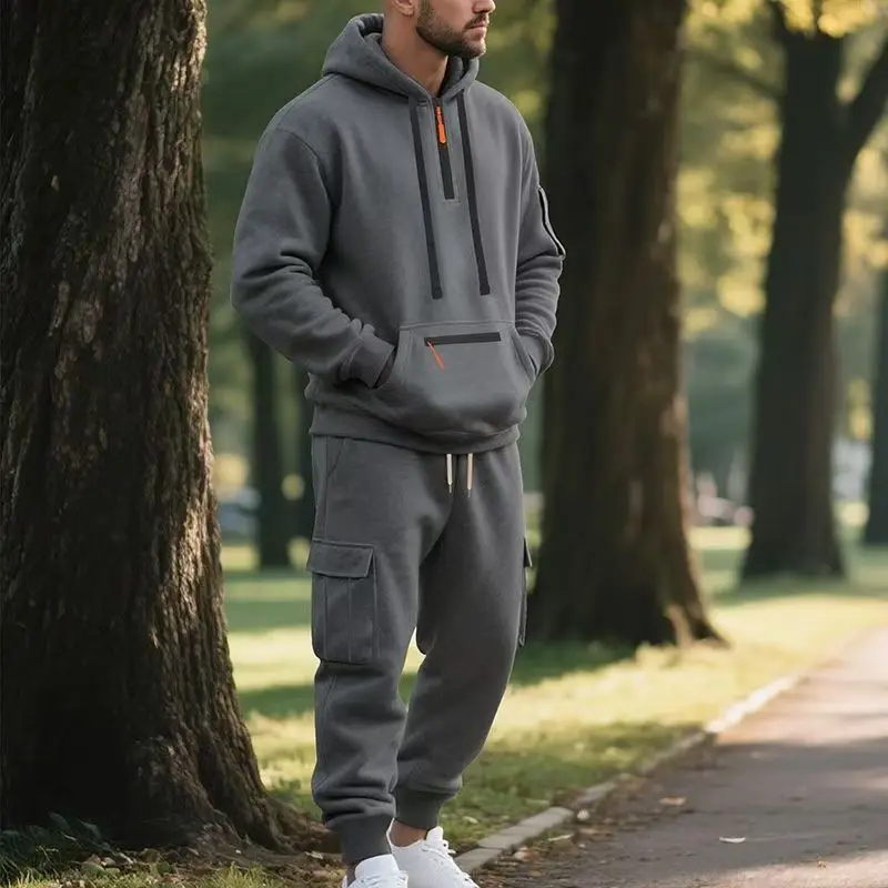 Men's Fleece Hooded Sweatshirt Set Trendy Solid Color Autumn Winter Sports Leisure European American Style 2025