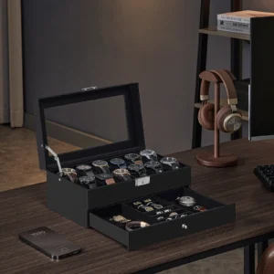 SONGMICS Watch Box, Watch Case with Glass Lid, 2-Tier Watch Display Case for 12 Watches, Lockable, 1 Drawer, Bracelets