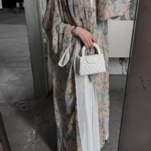 Middle Eastern Elegant Arabic Traditional Cardigan Long-Sleeved Floral Print Abaya Robe with Headscarf