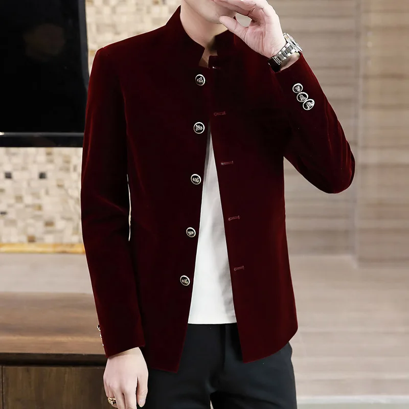 Men's Light Luxury Golden Velvet Coat Youth Fashion Trend Solid Color Stand Collar MAO Suit Handsome Boutique Item