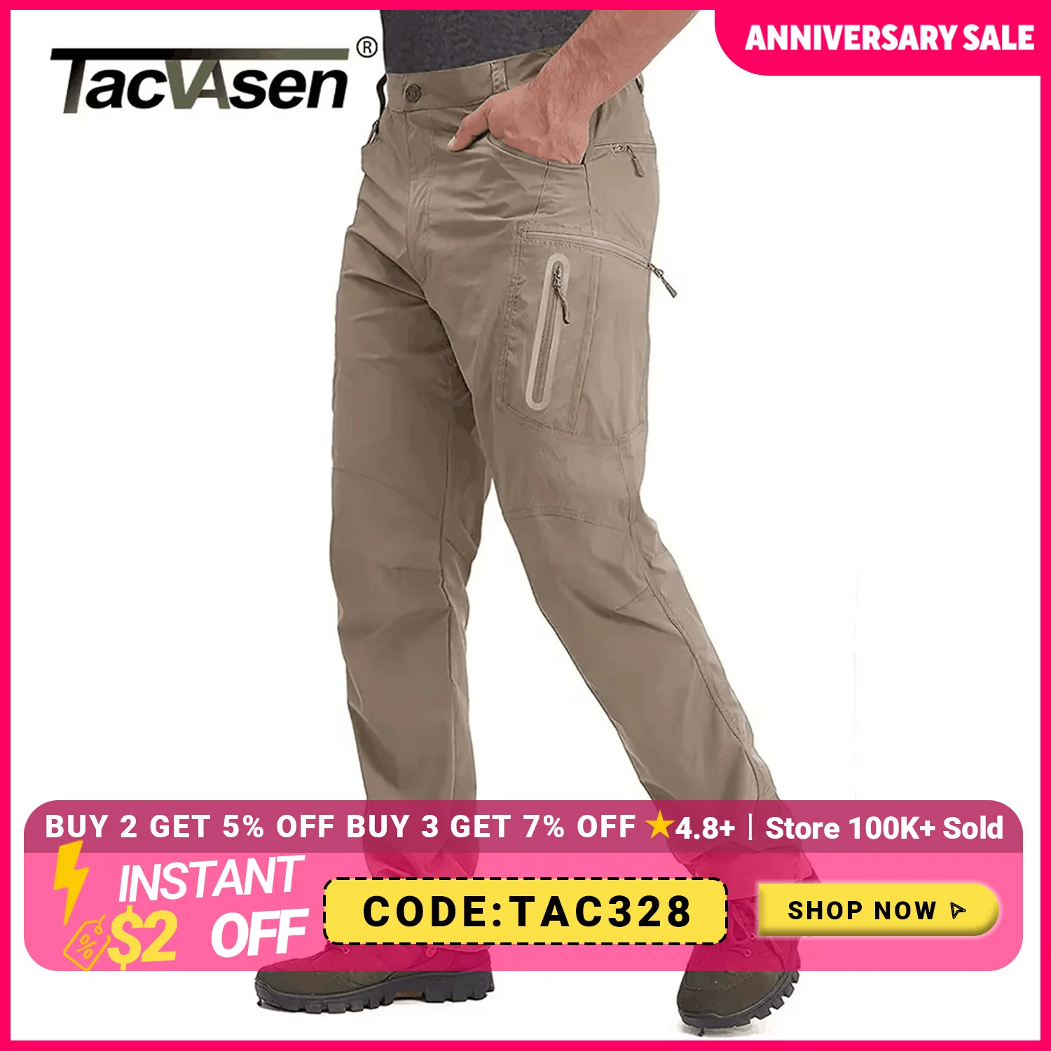 TACVASEN Summer Lightweight Trousers Mens Fishing Pants Outdoor Hiking Nylon Quick Dry Pockets Cargo Pants Casual Work Trousers