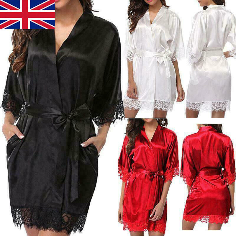 UK Satin Robe Wedding Bride Bridesmaid Kimono Dressing Gown Sleepwear Bathrobe - Image 4
