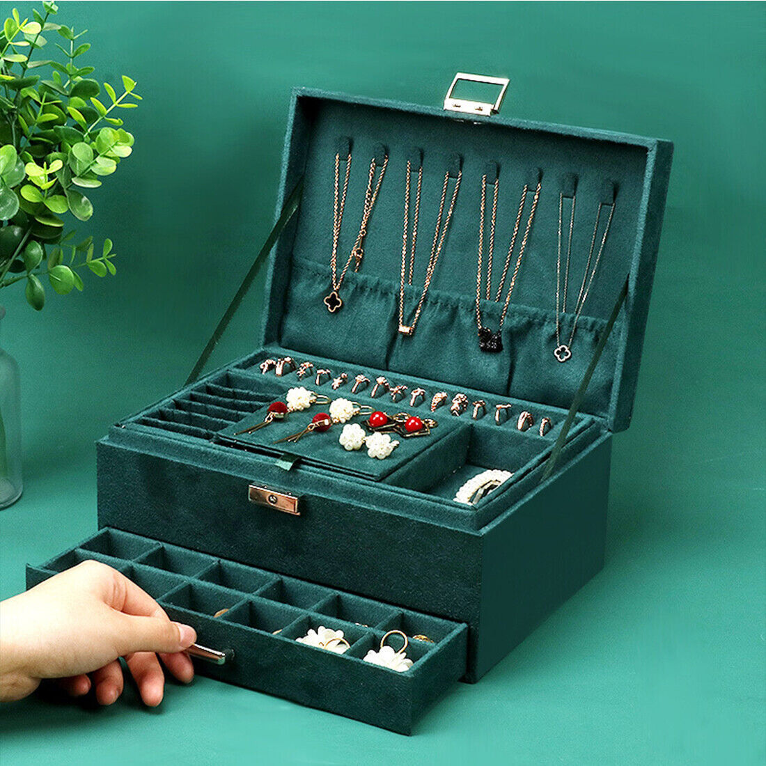 3 Layer Grey Jewellery Box Organizer Rings Necklaces Jewellry Storage Case Box - Image 7