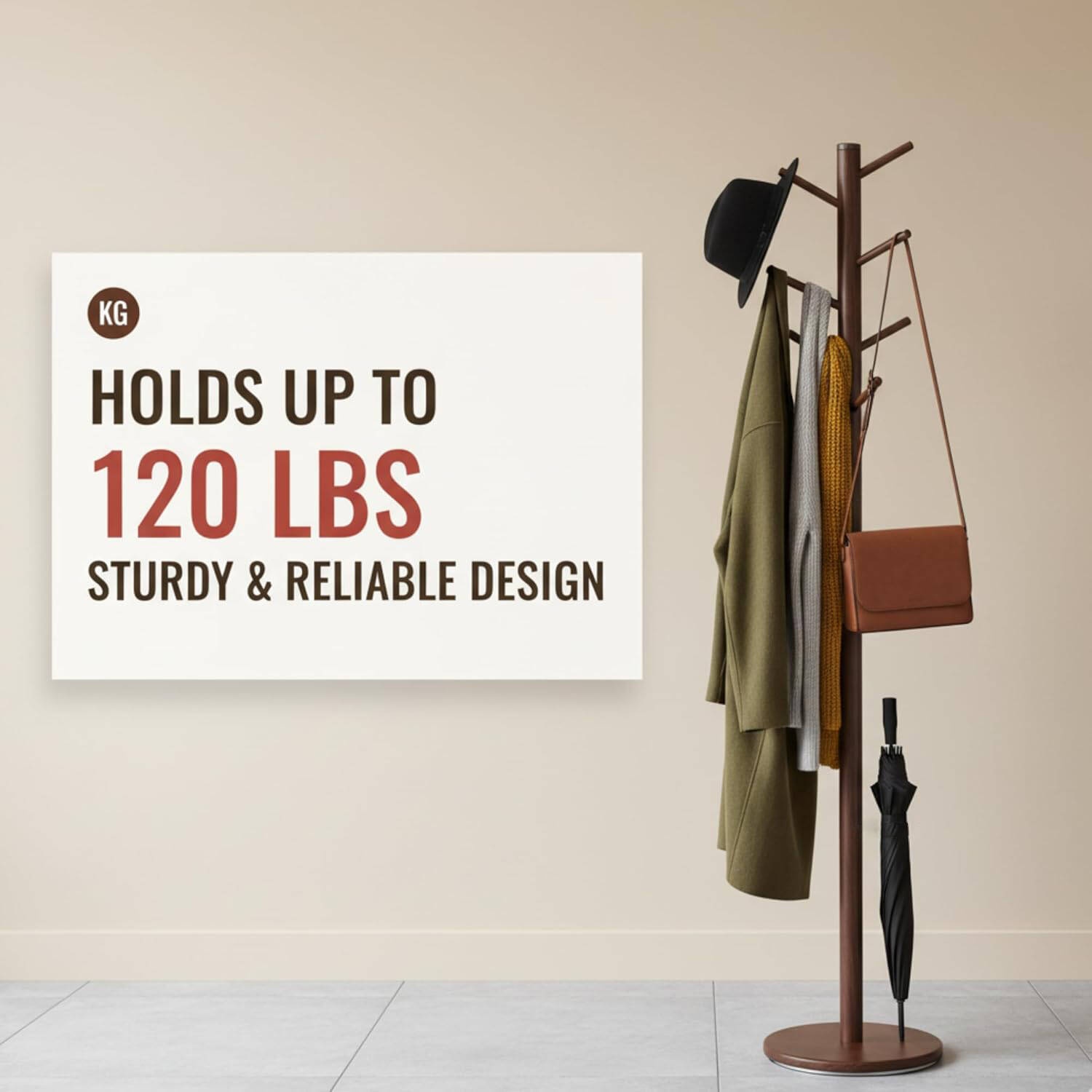 Solid Wood Coat Rack Free Standing Brown 8 Hooks 3 Adjustable Heights, Multi Functional Clothes Hanger For Entryway Hallway - Image 7