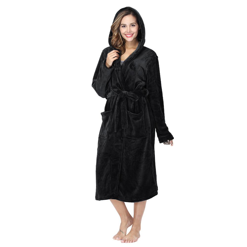 RONGTAI Womens Plush Fleece Hooded Bathrobe, Thick Nightgown Long Robe Sleepwear With Two Side Pockets And Belt - Image 5