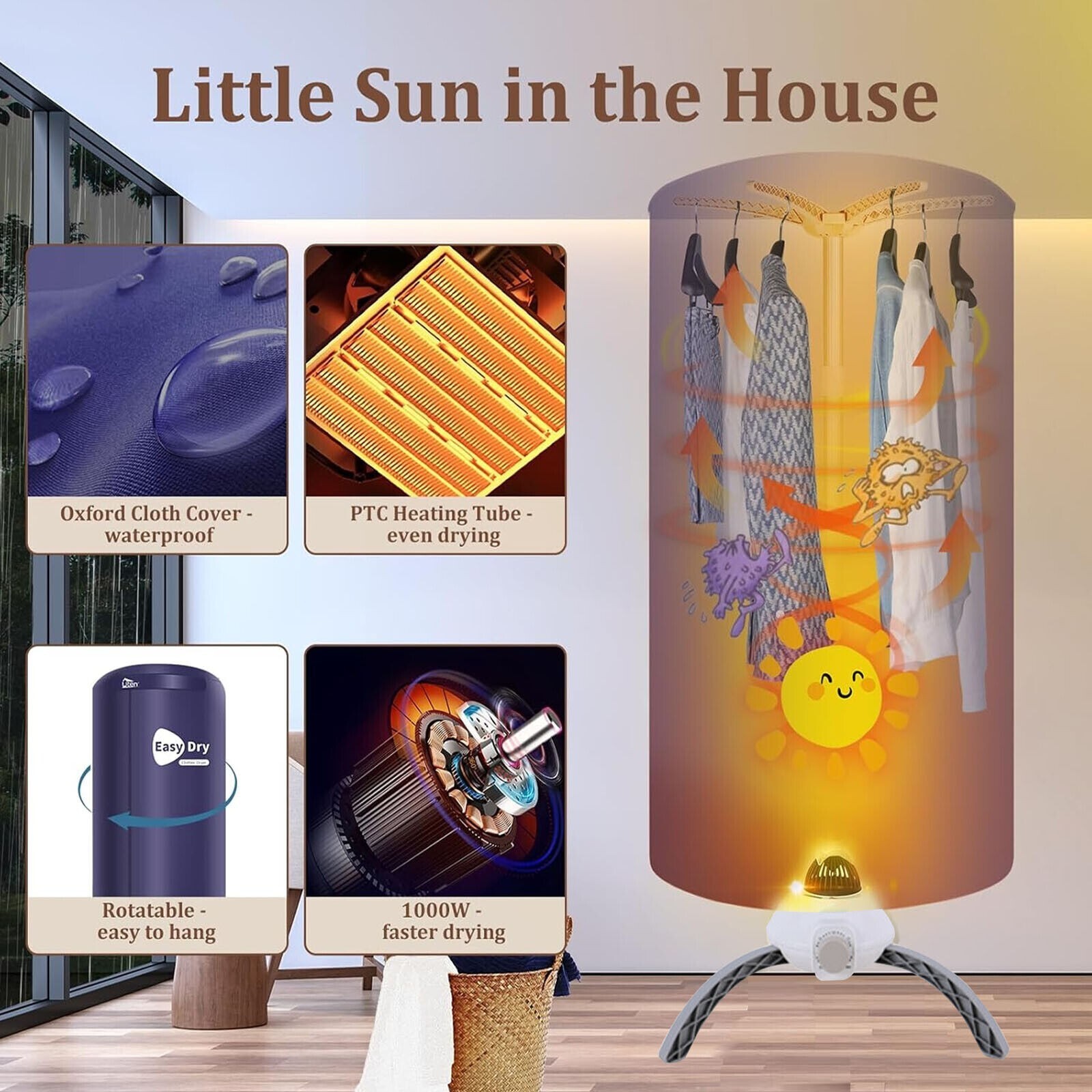 Portable Electric Heated Clothes Dryer & Cover Indoor Home Use Lightweight 1000W - Image 4
