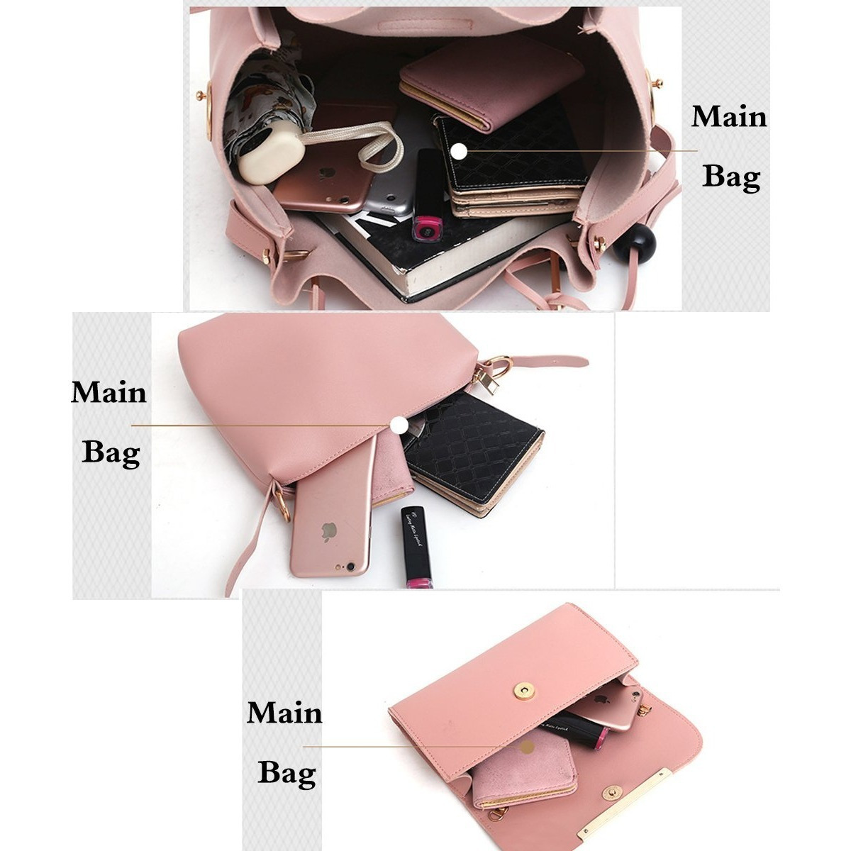 Womens Purse And Handbag 3Pcs Bag Set Tassel Tote Clutch Satchel Top Handle Shoulder Bag - Image 4