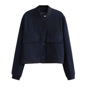 Solid Color Biker Bomber Jacket With Stand-up Collar And Double Pockets
