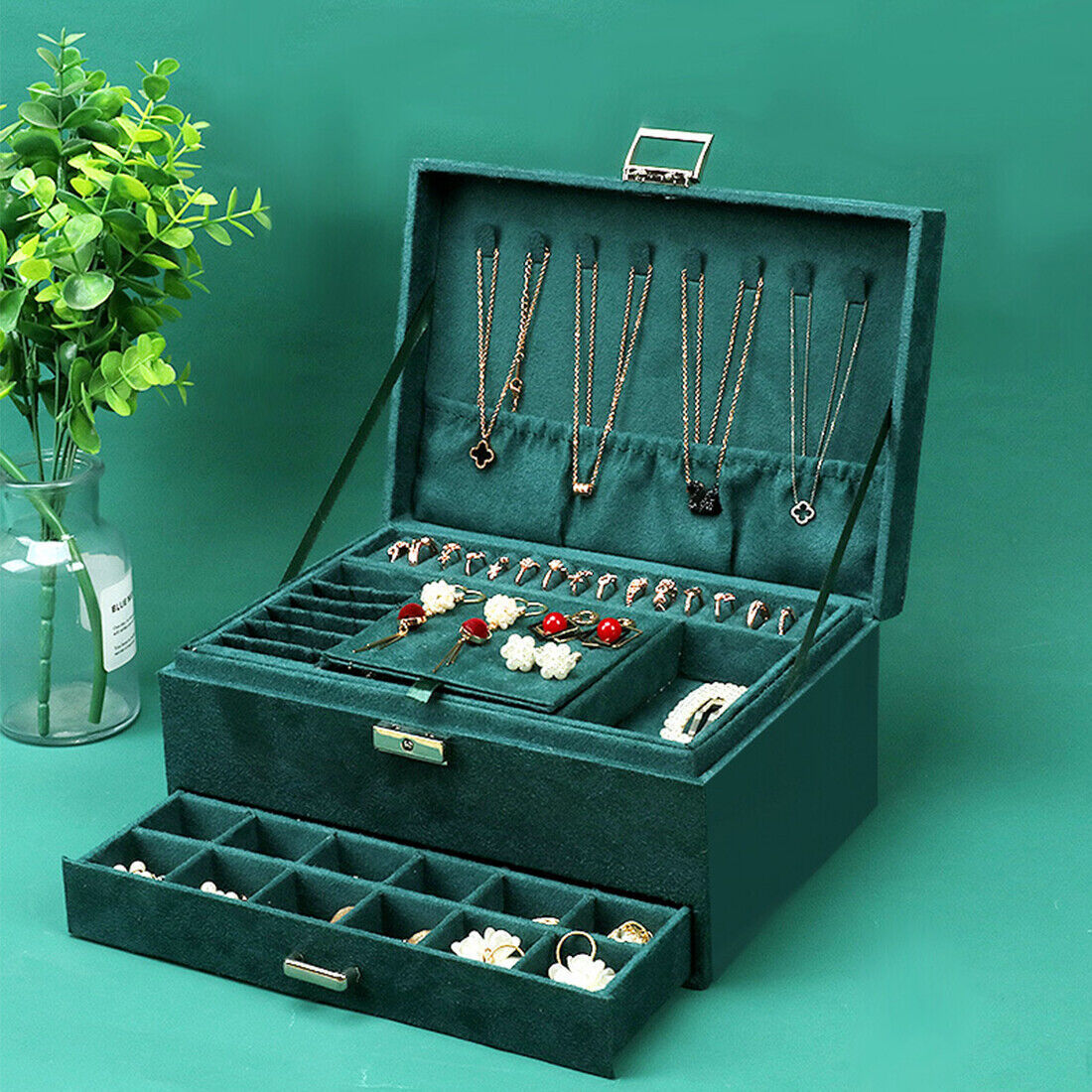 3 Layer Grey Jewellery Box Organizer Rings Necklaces Jewellry Storage Case Box - Image 8