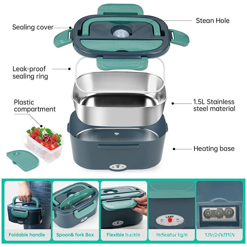 Heated Lunch Box 12V 24V Electric Heating Lunch Box Portable Bento Travel Food Heater Car Plug UK - Image 10