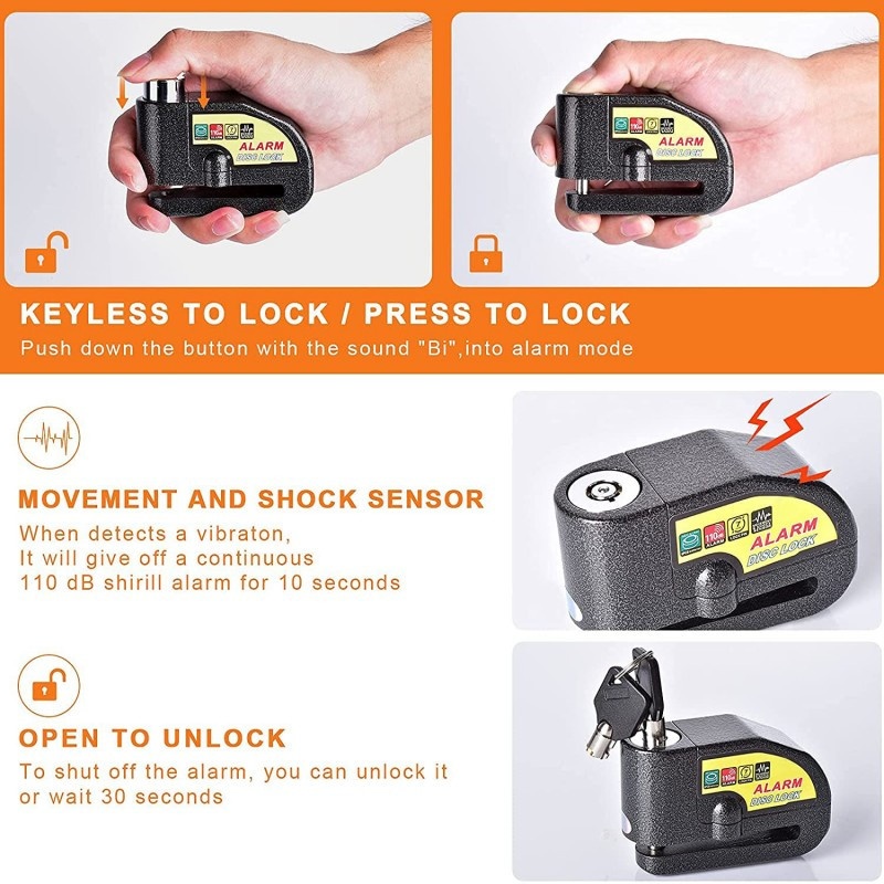 Disc Lock For Motorbike - Alarm Function With Vibration Alert, Aluminum Build, 1.5M Reminder Cable - Quick Locking, - Image 2