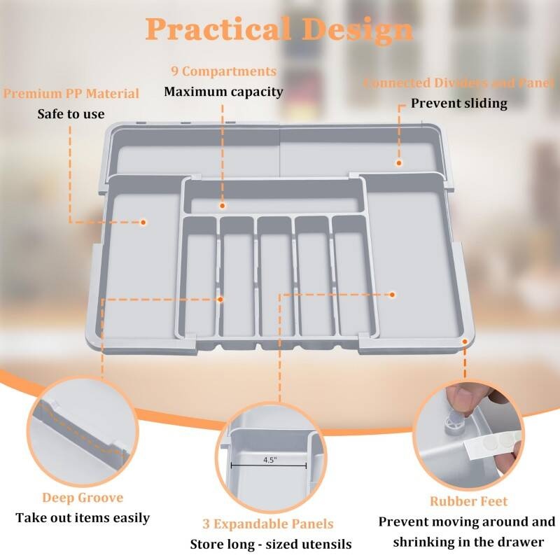 Adjustable 6-9 Compartment Kitchen Drawer Organiser For Large Capacity, Perfect Utensil Drawer Organiser, Cutlery Drawer Organiser, Cutlery Tray - Image 3