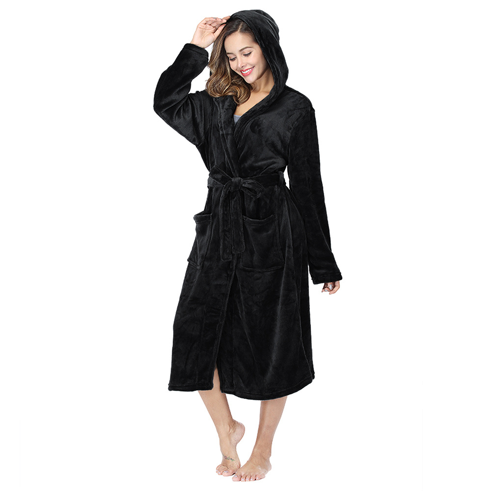 RONGTAI Womens Plush Fleece Hooded Bathrobe, Thick Nightgown Long Robe Sleepwear With Two Side Pockets And Belt - Image 4