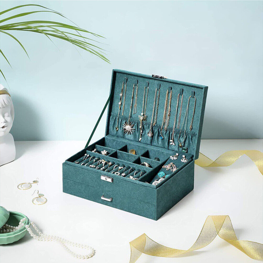 3 Layer Grey Jewellery Box Organizer Rings Necklaces Jewellry Storage Case Box - Image 3