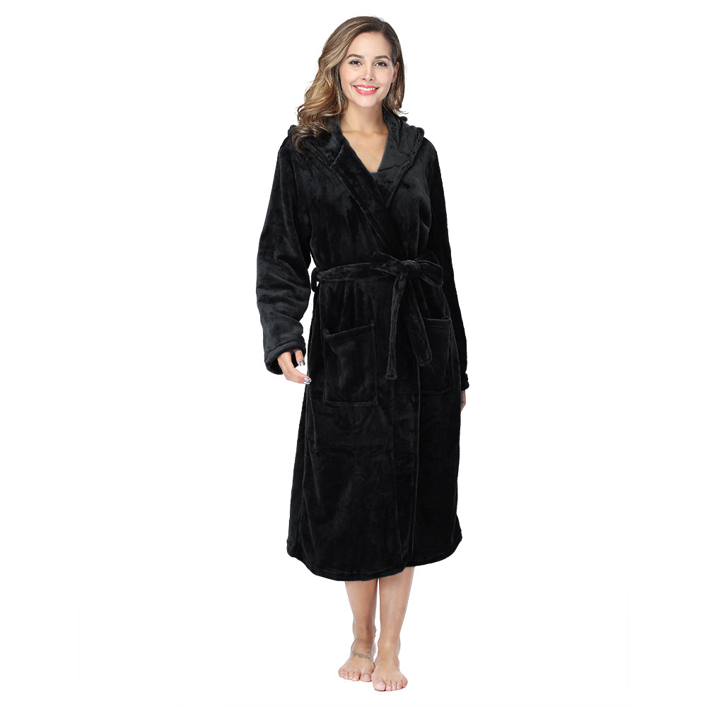 RONGTAI Womens Plush Fleece Hooded Bathrobe, Thick Nightgown Long Robe Sleepwear With Two Side Pockets And Belt - Image 7