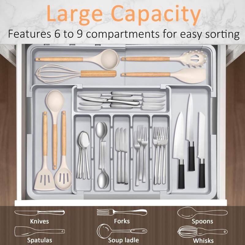 Adjustable 6-9 Compartment Kitchen Drawer Organiser For Large Capacity, Perfect Utensil Drawer Organiser, Cutlery Drawer Organiser, Cutlery Tray - Image 7
