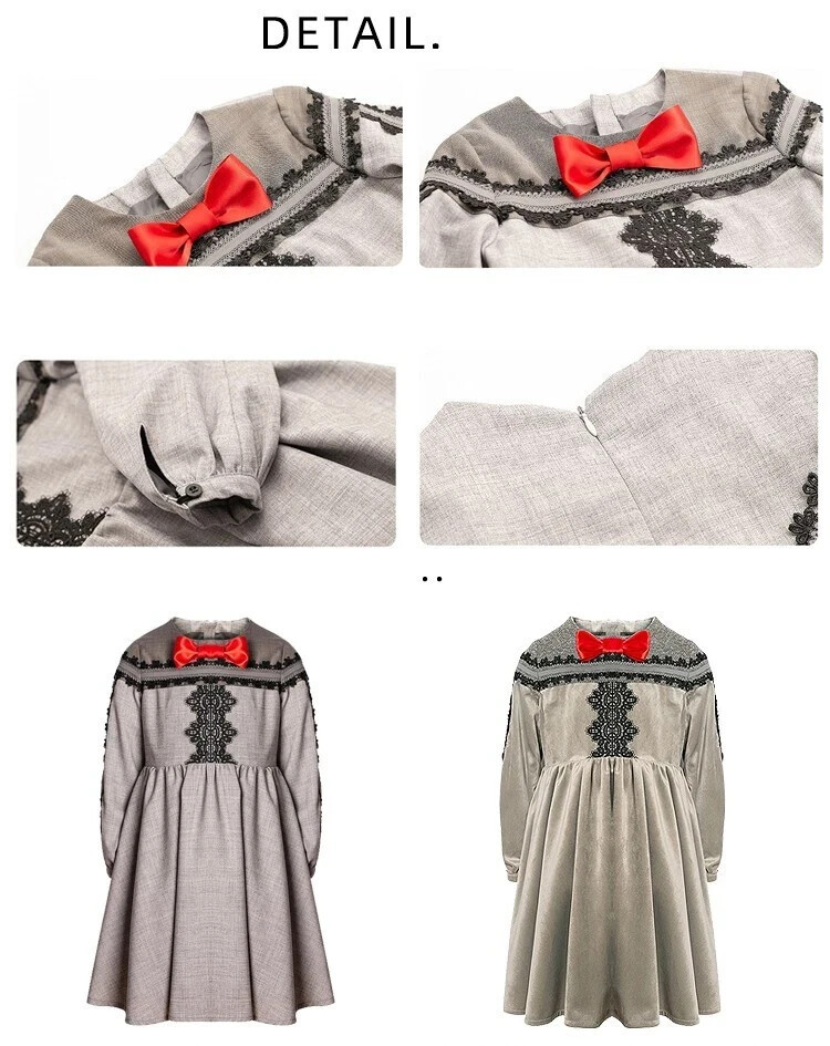 Girls Grey Velvet-Cotton Long Dress Kids Vintage Lace Outfit 3-10Y Spring - Image 7