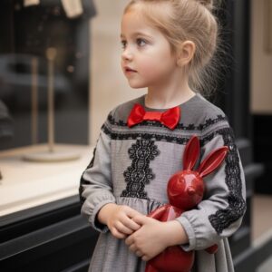 Girls  Grey Velvet-Cotton Long Dress Kids Vintage Lace Outfit  3-10Y Spring