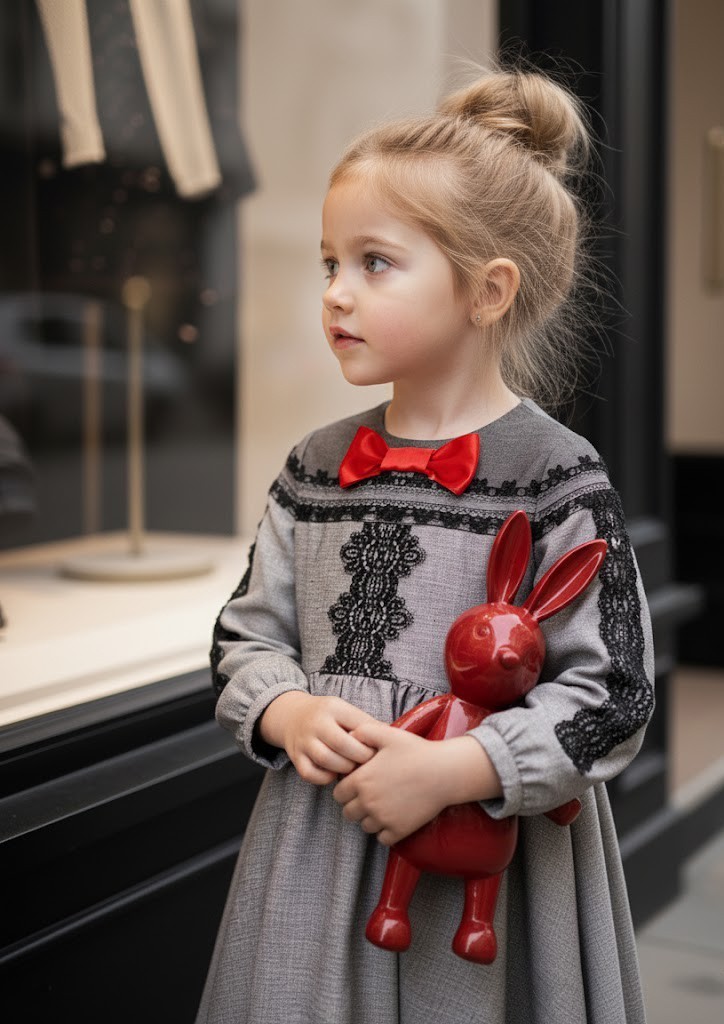 Girls Grey Velvet-Cotton Long Dress Kids Vintage Lace Outfit 3-10Y Spring
