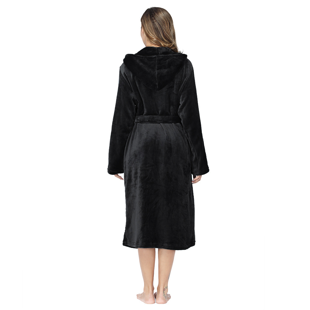 RONGTAI Womens Plush Fleece Hooded Bathrobe, Thick Nightgown Long Robe Sleepwear With Two Side Pockets And Belt - Image 3