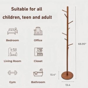 Solid Wood Coat Rack Free Standing Brown  8 Hooks  3 Adjustable Heights, Multi Functional Clothes Hanger For Entryway Hallway