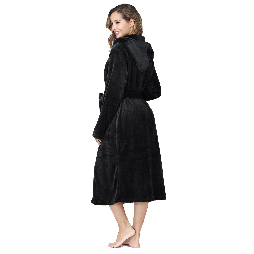 RONGTAI Womens Plush Fleece Hooded Bathrobe, Thick Nightgown Long Robe Sleepwear With Two Side Pockets And Belt - Image 2