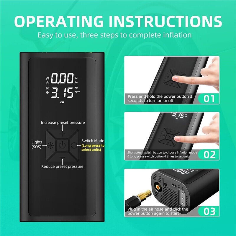 Car Tyre Inflator Cordless Digital USB Rechargeable Tire Air Compressor New - Image 6