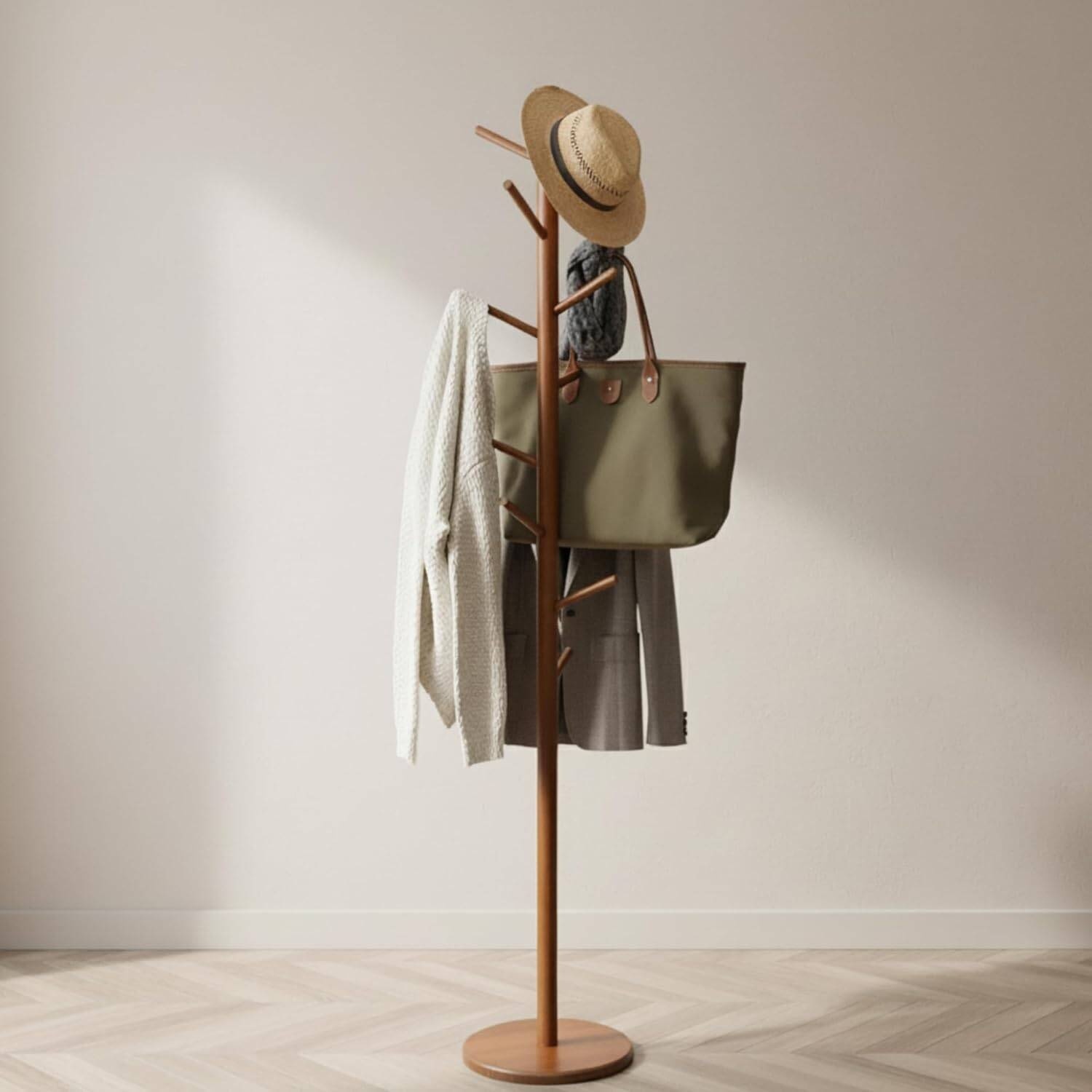 Solid Wood Coat Rack Free Standing Brown 8 Hooks 3 Adjustable Heights, Multi Functional Clothes Hanger For Entryway Hallway - Image 5