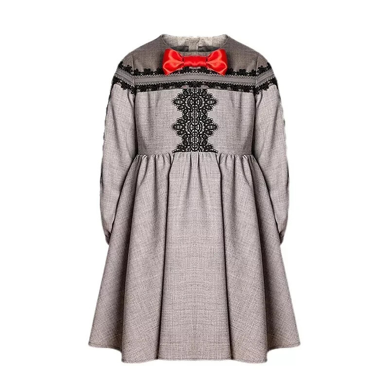 Girls Grey Velvet-Cotton Long Dress Kids Vintage Lace Outfit 3-10Y Spring - Image 2