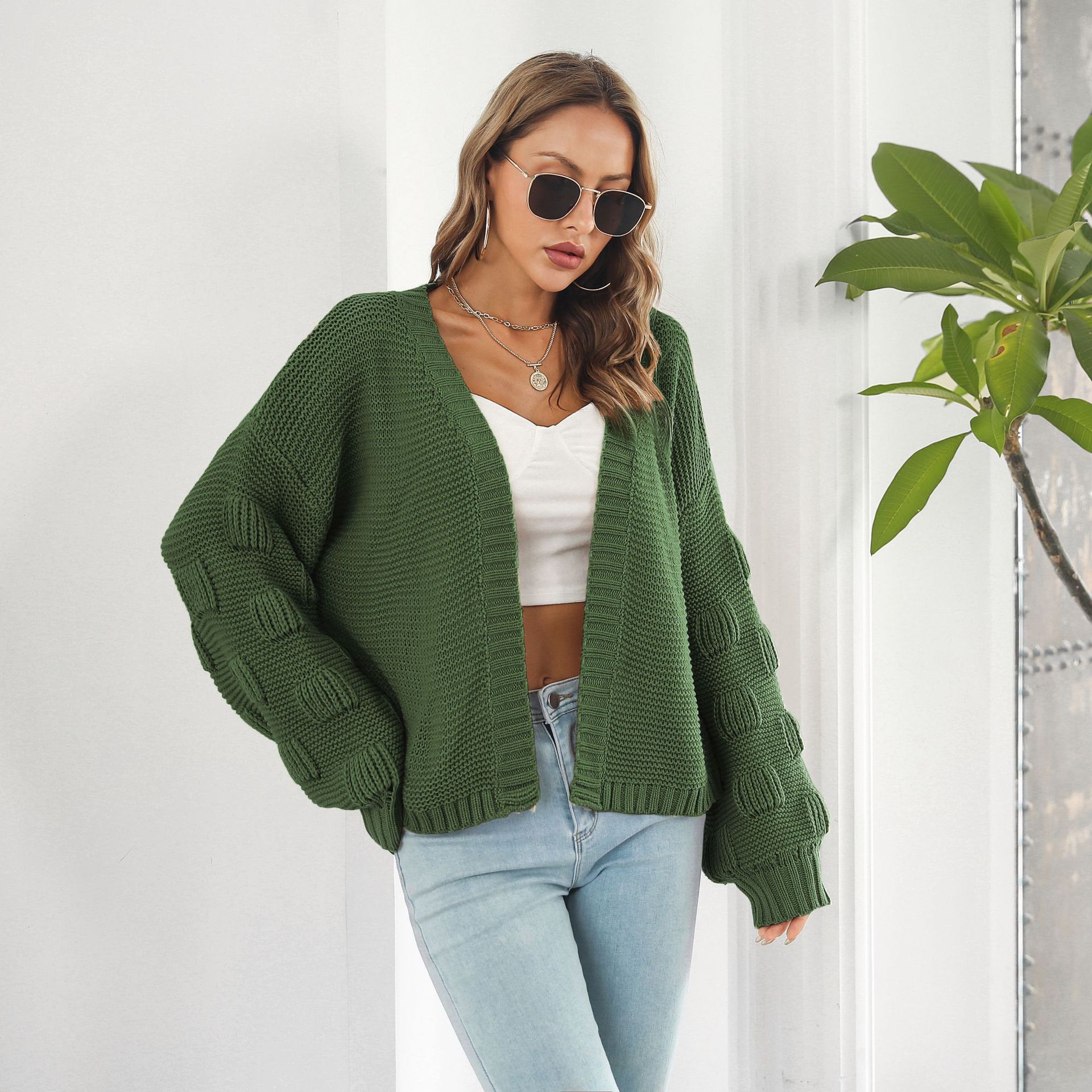 Puff Sleeve Cardigan Sweater Women Clothes Front Chunky Knitwear Coat - Image 6