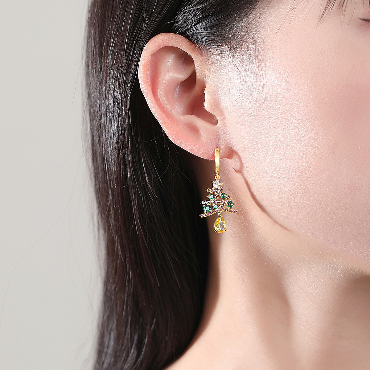 Christmas Tree Earrings with Colourful Stones – Festive Drop Earrings - Image 3