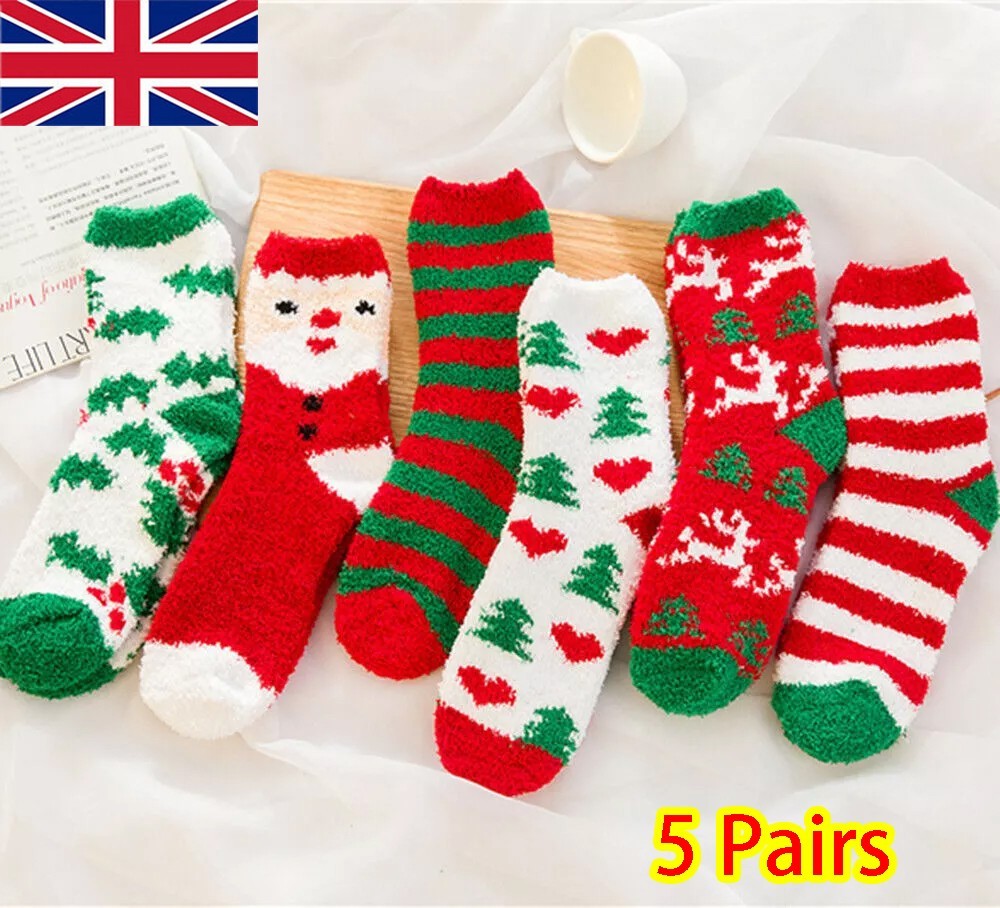 5 Pairs Women's Christmas Fluffy Bed Socks – Soft Cosy Lounge Slipper Socks Gift Set