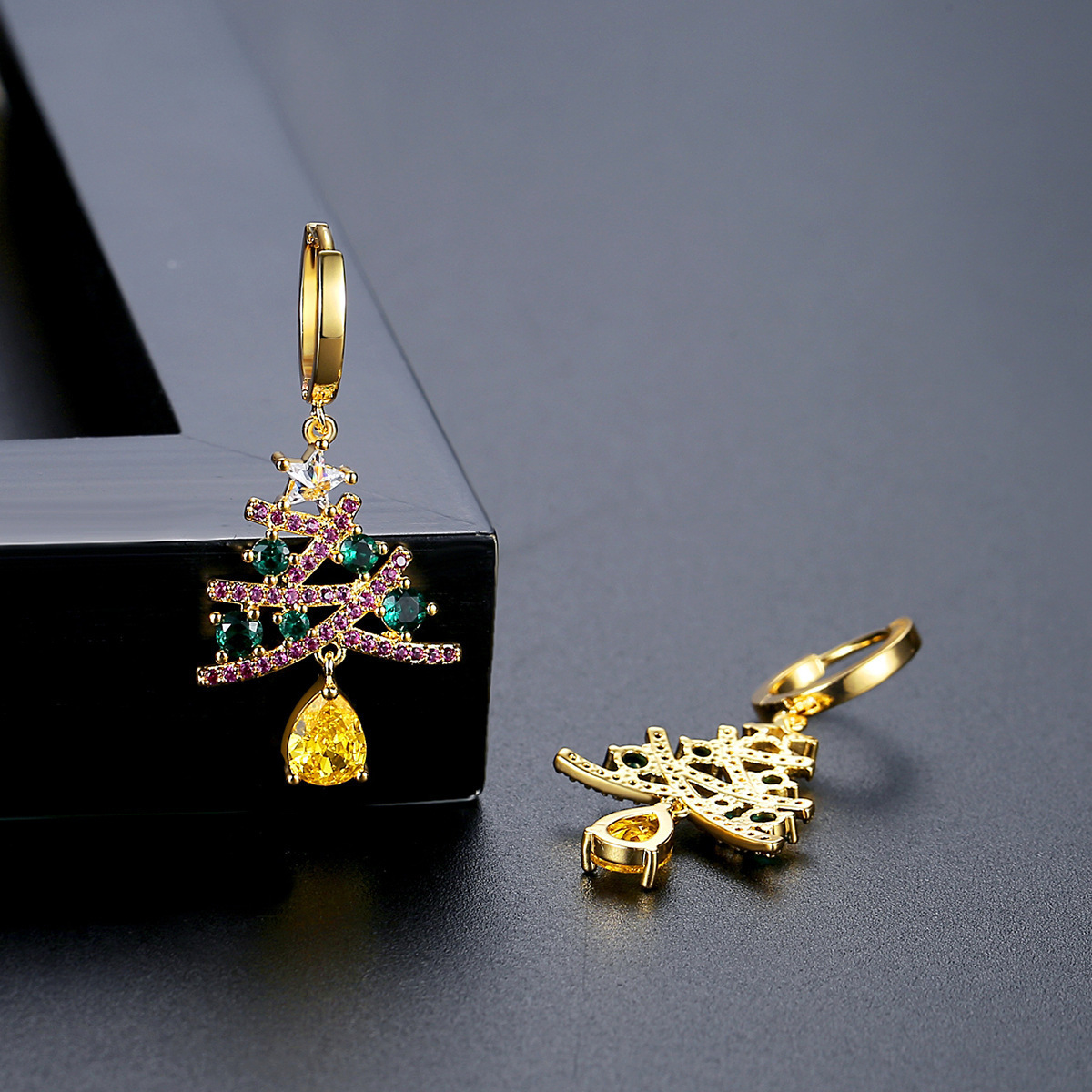 Christmas Tree Earrings with Colourful Stones – Festive Drop Earrings - Image 5