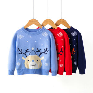Kids' Reindeer Snowflake Christmas Jumper – Cotton Knitted Xmas Sweater