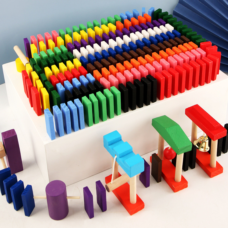 Wooden Domino Blocks Building Toy Kits Color Sort Rainbow Dominoes Games