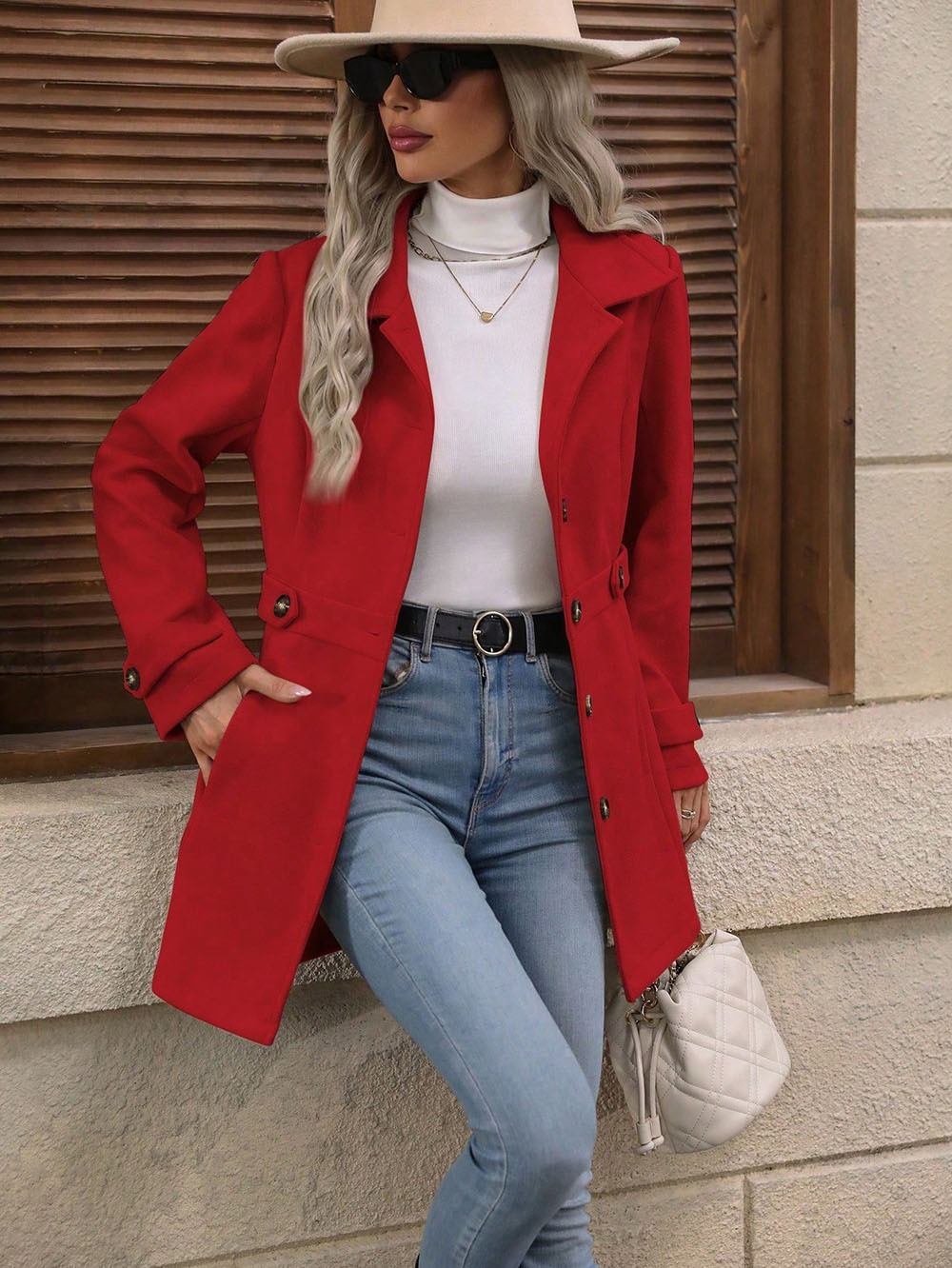 Elegant Single-breasted Woolen Coat Buttons Lapel Mid-length Jacket Temperament - Image 5