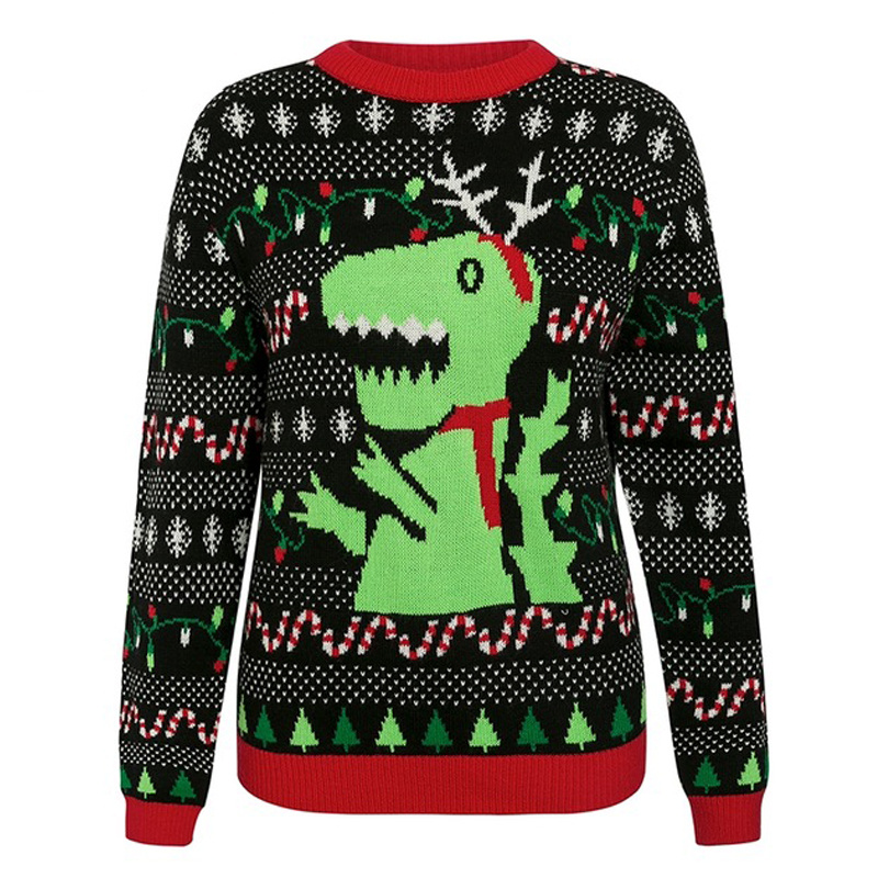 Unisex Dinosaur Christmas Jumper – Festive Knitted Crew Neck Xmas Sweater