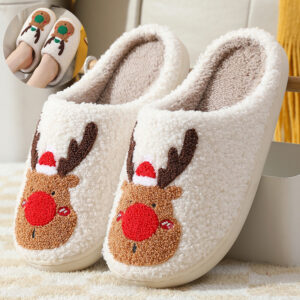 Christmas Reindeer Plush Slippers – Soft Cosy Winter House Shoes