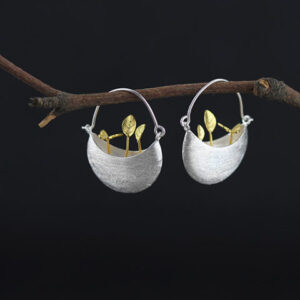 Unique Basket Drop Earrings – Silver-Tone Leaf Design Statement Earrings