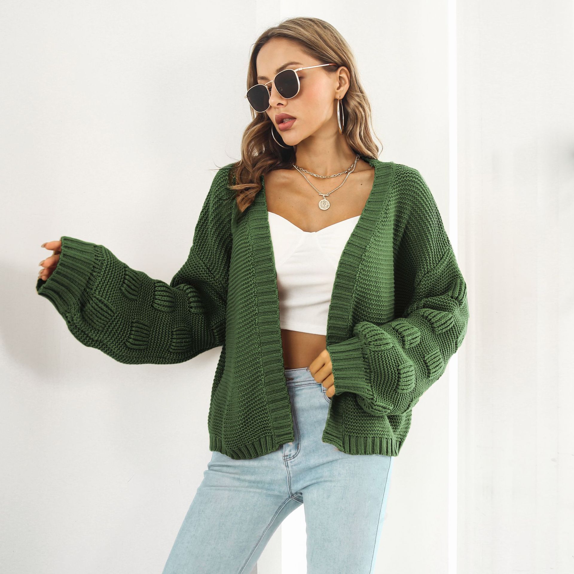 Puff Sleeve Cardigan Sweater Women Clothes Front Chunky Knitwear Coat - Image 7