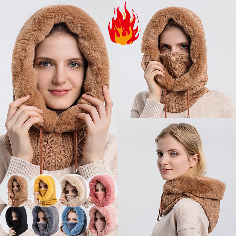Women's Plush Hooded Hat & Scarf Set – Windproof Warm Knitted Winter Hood - Image 4