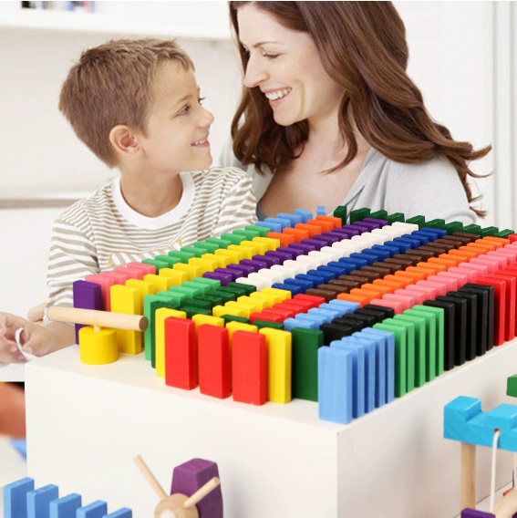 Wooden Domino Blocks Building Toy Kits Color Sort Rainbow Dominoes Games - Image 3