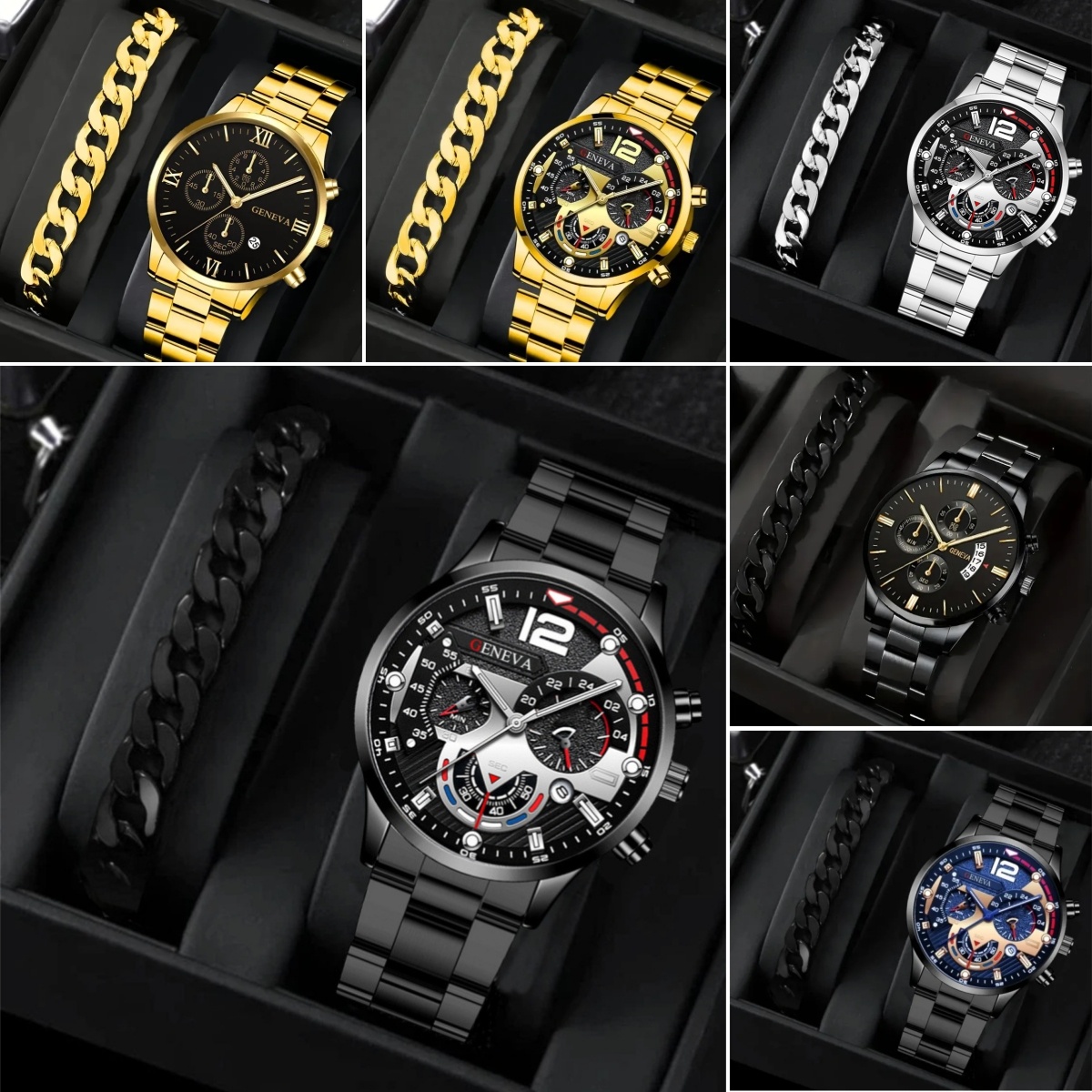 Men's Quartz Watch & Bracelet Gift Set – Stainless Steel Strap