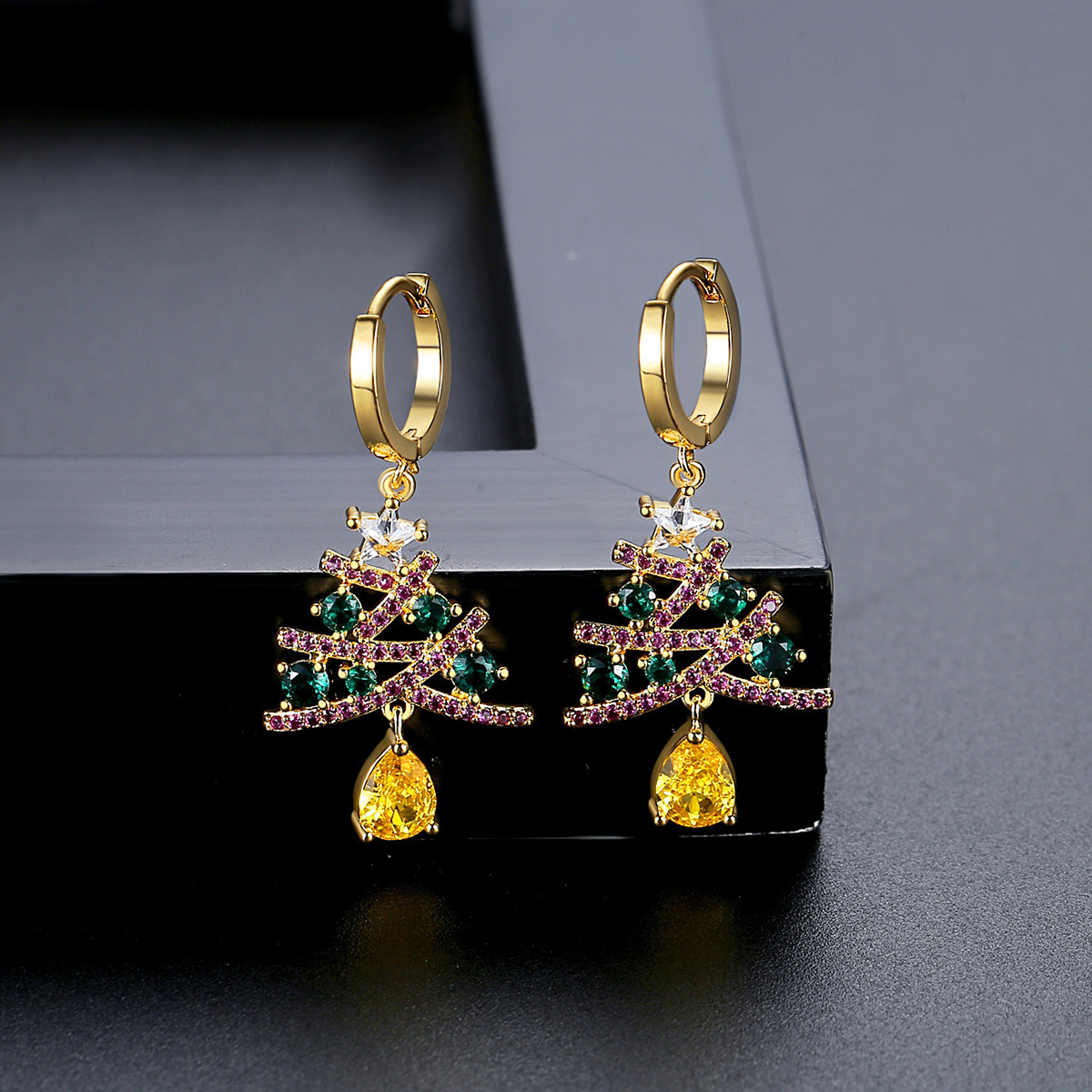 Christmas Tree Earrings with Colourful Stones – Festive Drop Earrings - Image 2