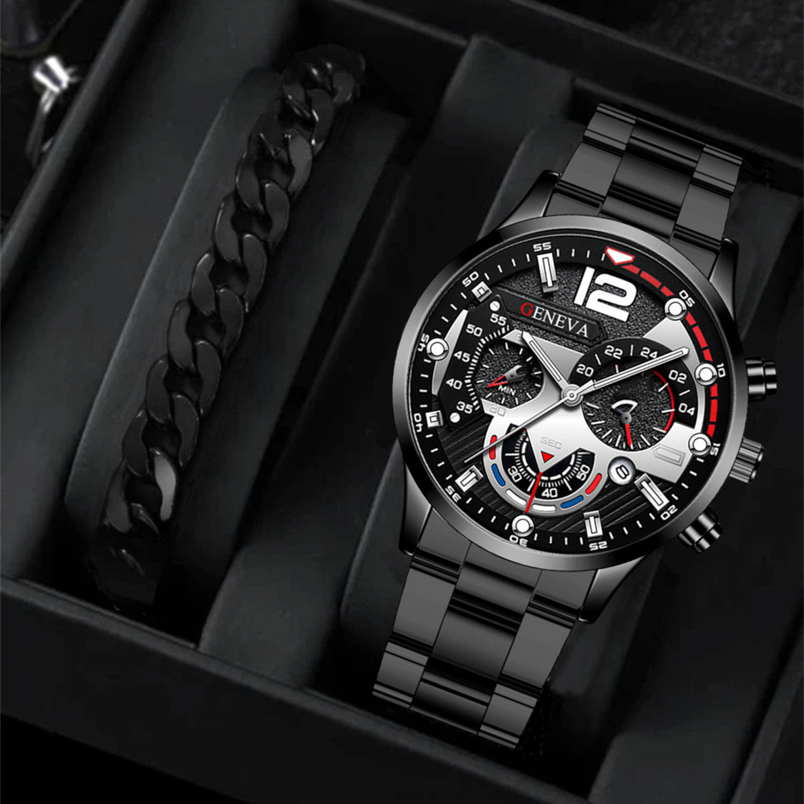 Men's Quartz Watch & Bracelet Gift Set – Stainless Steel Strap - Image 2