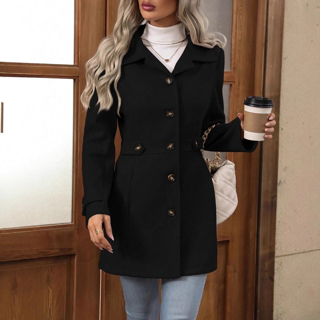Elegant Single-breasted Woolen Coat Buttons Lapel Mid-length Jacket Temperament - Image 10