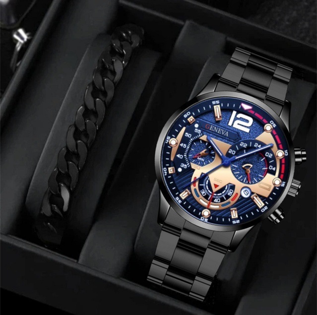 Men's Quartz Watch & Bracelet Gift Set – Stainless Steel Strap - Image 3