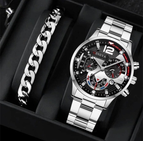 Men's Quartz Watch & Bracelet Gift Set – Stainless Steel Strap - Image 9