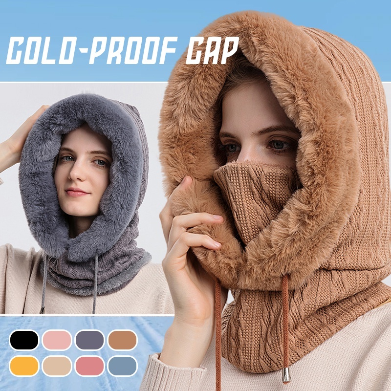 Women's Plush Hooded Hat & Scarf Set – Windproof Warm Knitted Winter Hood
