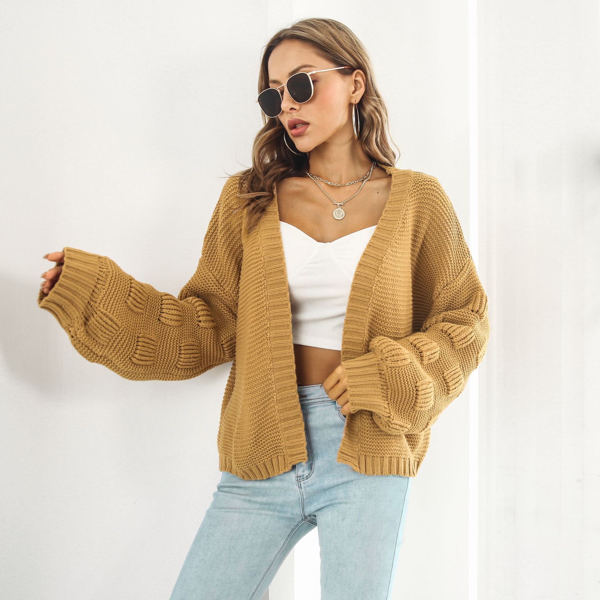 Puff Sleeve Cardigan Sweater Women Clothes Front Chunky Knitwear Coat - Image 5